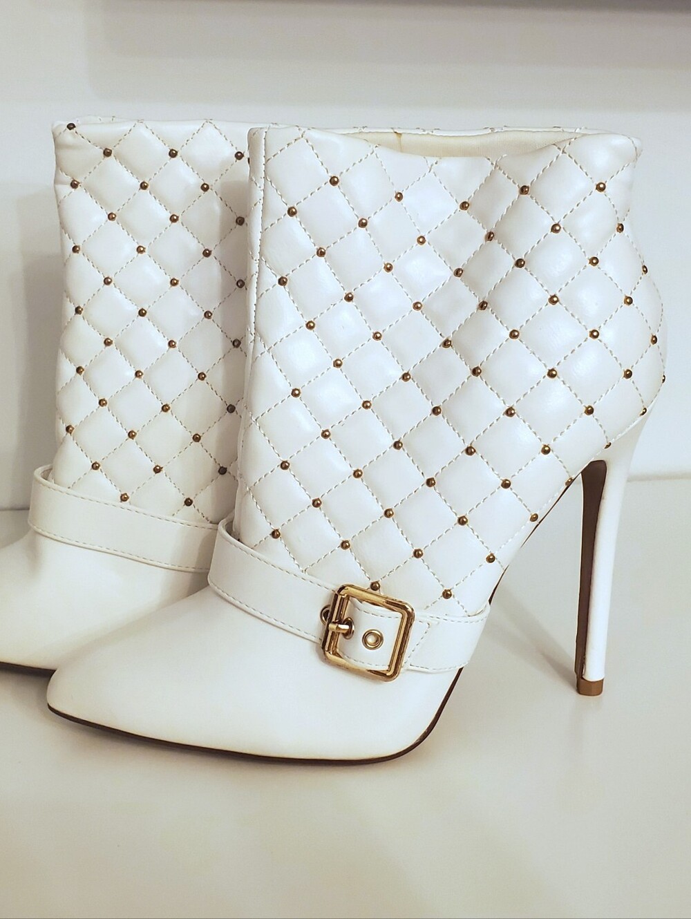 Quilted White & Gold Studded Ankle Boots